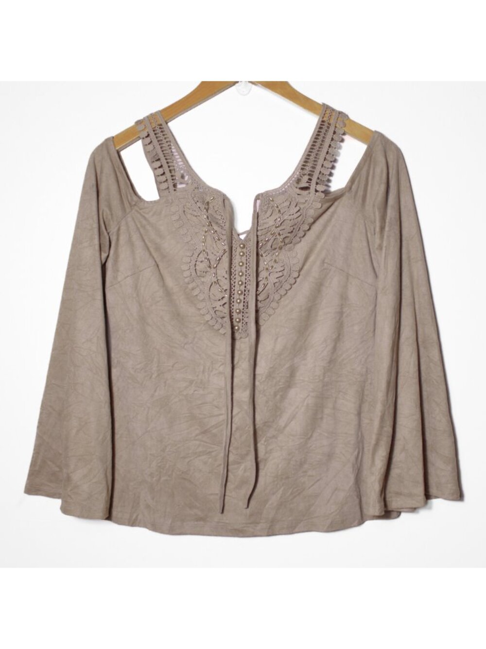 Venus Tan Suede Embellished Cold Shoulder Bell Sleeve Top Western Boho Rustic S